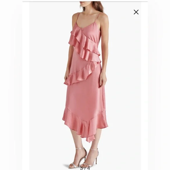 NWT Steve Madden - Christina Ruffle Satin Midi Dress - Picture 2 of 10